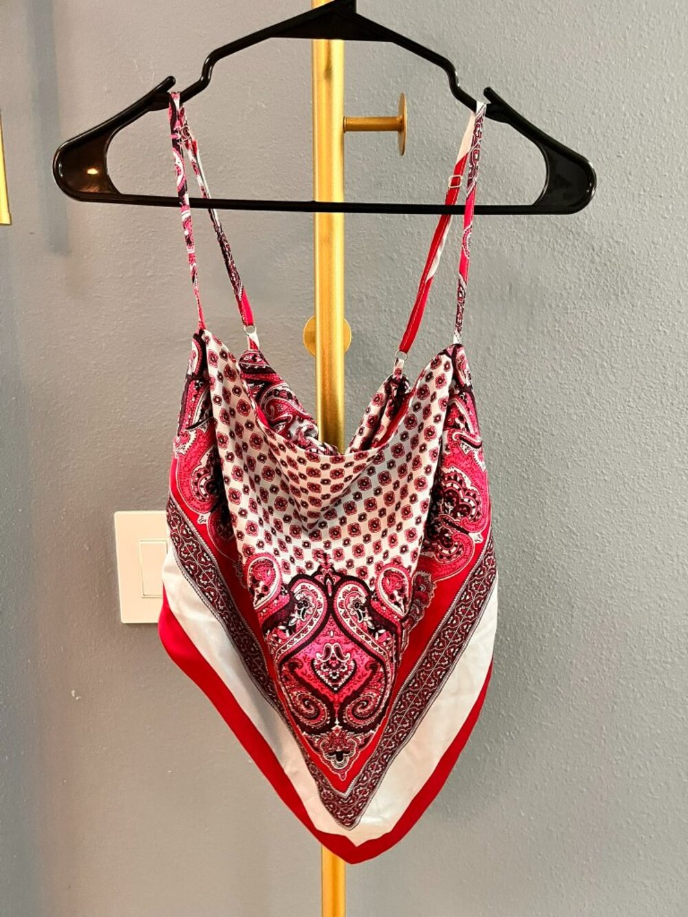 Y2K Pink Paisley Satin Bandana Cami Top Handkerchief Hem Scarf Tank Plus 1X